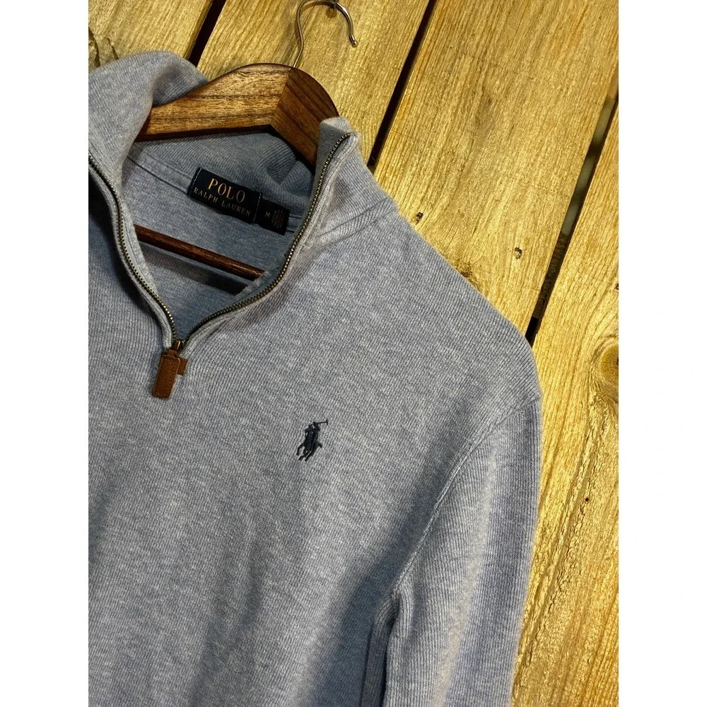 Polo Ralph Lauren Mens Quarter Zip Pullover Light Blue Heather Cotton Sweater M